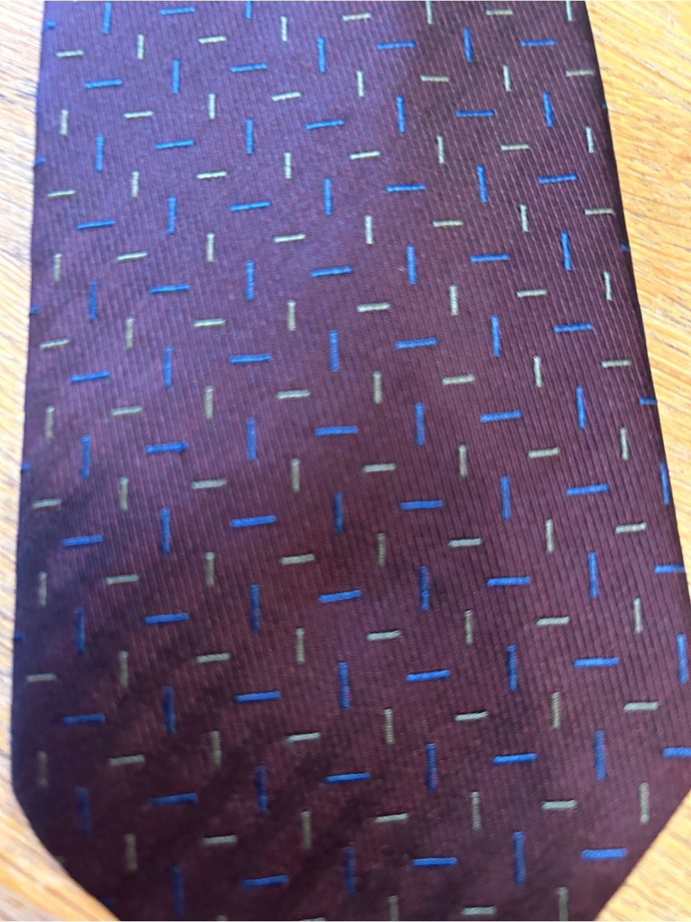 Men's Burgundy Tie with Blue and Green Stitch Accents